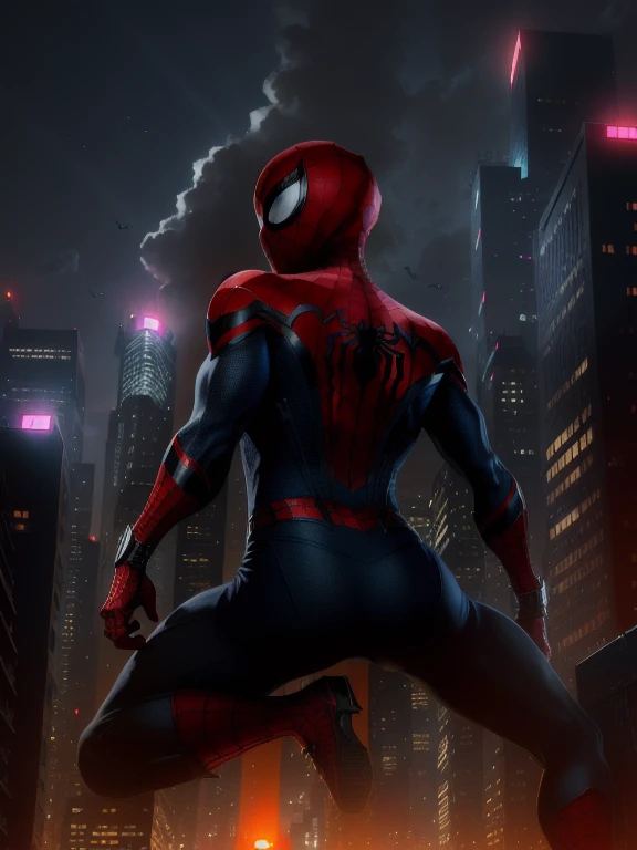 (Award Winning Digital Artwork:1.3) ,(Energetic:1.3), TomHolland,CGSociety,ArtStation,,(Masculinine:1.4),(beautiful:1.4),(attractive:1.3),handsome,calendar pose,perfectly detailed eyes, Spider web, thematic background, black costume, spider-man,,{{An energetic depiction of an}} anime spider-man seen from the back, mid-leap as she jumps off a crumbling tower. Her vibrant hair trails behind her, adding to the sense of motion. The cityscape sprawls below, a mix of futuristic skyscrapers and ancient architecture. This is a high-octane image that captures the girl's daring spirit in the face of danger. The environment/background should be an urban cityscape with a blend of old and new, creating a dynamic and exhilarating mood. The image should be a dynamic digital illustration, 