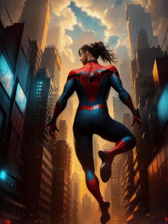 (Award Winning Digital Artwork:1.3) ,(Energetic:1.3), TomHolland,CGSociety,ArtStation,,(Masculinine:1.4),(beautiful:1.4),(attractive:1.3),handsome,calendar pose,perfectly detailed eyes, Spider web, thematic background, black costume, spider-man,,{{An energetic depiction of an}} anime spider-man seen from the back, mid-leap as she jumps off a crumbling tower. Her vibrant hair trails behind her, adding to the sense of motion. The cityscape sprawls below, a mix of futuristic skyscrapers and ancient architecture. This is a high-octane image that captures the girl's daring spirit in the face of danger. The environment/background should be an urban cityscape with a blend of old and new, creating a dynamic and exhilarating mood. The image should be a dynamic digital illustration, 