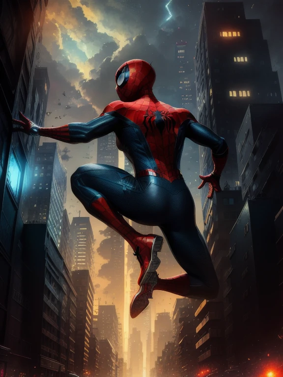 (Award Winning Digital Artwork:1.3) ,(Energetic:1.3), TomHolland,CGSociety,ArtStation,,(Masculinine:1.4),(beautiful:1.4),(attractive:1.3),handsome,calendar pose,perfectly detailed eyes, Spider web, thematic background, black costume, spider-man,,{{An energetic depiction of an}} anime spider-man seen from the back, mid-leap as she jumps off a crumbling tower. Her vibrant hair trails behind her, adding to the sense of motion. The cityscape sprawls below, a mix of futuristic skyscrapers and ancient architecture. This is a high-octane image that captures the girl's daring spirit in the face of danger. The environment/background should be an urban cityscape with a blend of old and new, creating a dynamic and exhilarating mood. The image should be a dynamic digital illustration, 