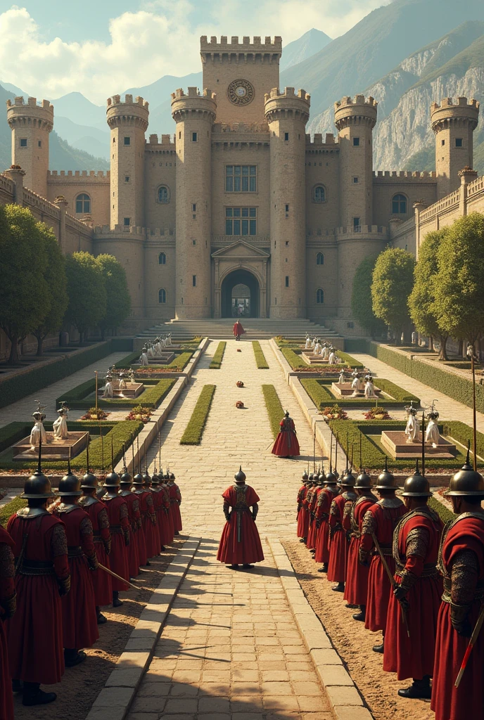 A military training ground, in Renaissance age period, where soldiers are training to be elite guards for the nobles