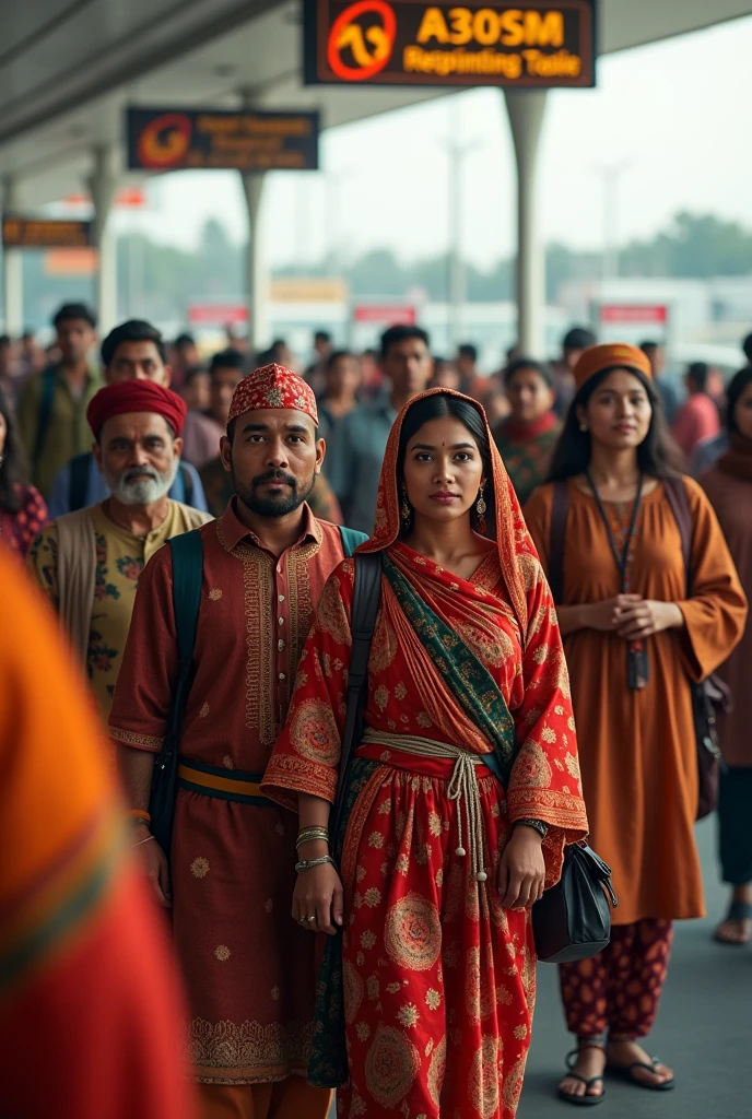 Nepalese people with Nepali custom leaving airport and sitting in queue 