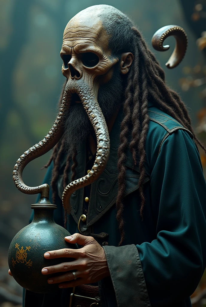 create an image of the character davy jonnes according to the character from pirates in the caribbean jones's most striking feature is his cephalopod head, with octopus tentacles giving the illusion of a thick beard, which is similar to the head of Cthulhu . make him hold a bomb and on that bomb is written "Do you fear death? Fear that dark abyss? All your deeds will be revealed. All your sins, punished. I can offer you a way out."