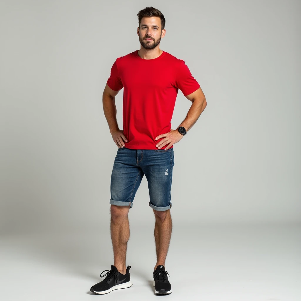 man in denim shorts and red t-shirt with black sneakers
