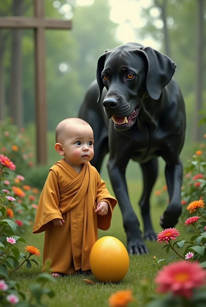 A realistic image of a baby dressed in monk robes, standing in a garden with a mango at their feet. The baby is defending the mango from a black Great Dane, which is growling and showing its teeth. In the background, there is a goalpost, adding to the garden setting. The scene should highlight the baby’s protective stance and the aggressive posture of the dog, with detailed and realistic art."