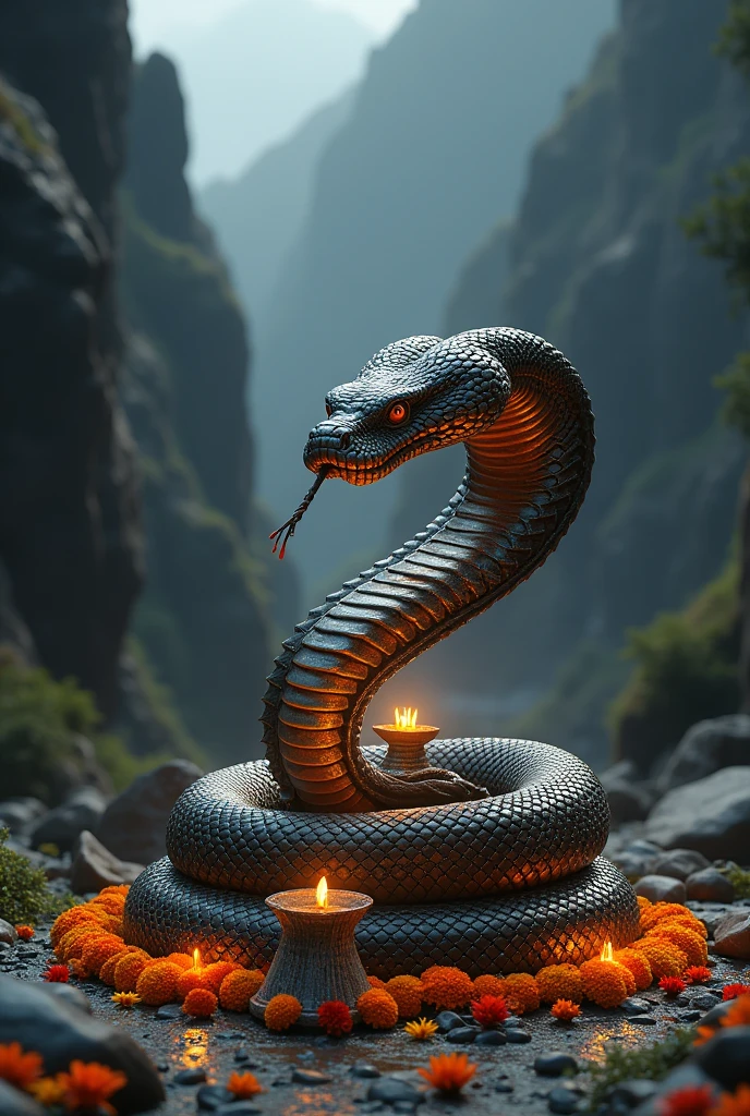 A king cobra on the shivas murti with flowers and the background is dark in mountains 
