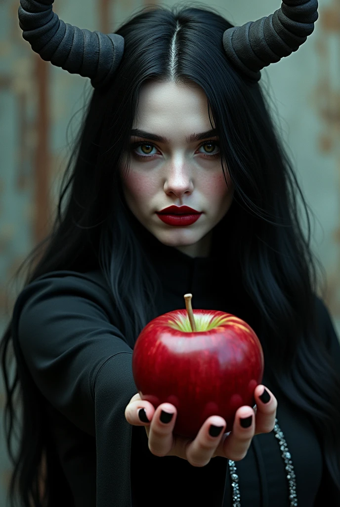 ((RAW Photo), absurd, (absurdresolution)), masterpiece, best quality, (Extremely detailed 8k unity CG wallpaper), (best illustration), (best shadow), Realistic lighting, beautiful detailed glow, ((21 years old)), girl, long black hair, black queen, accessories, apple in hand, poisoned apples, witch queen, red lipstick, (((Photographic Perspective of her)))
