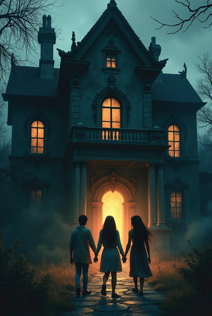 The scene of brothers and sisters: Zahra, Nimra, and Ali are heading towards the mansion, Nimra opens the door and Zahra and Ali are panicking. IN HORROR HOUSE