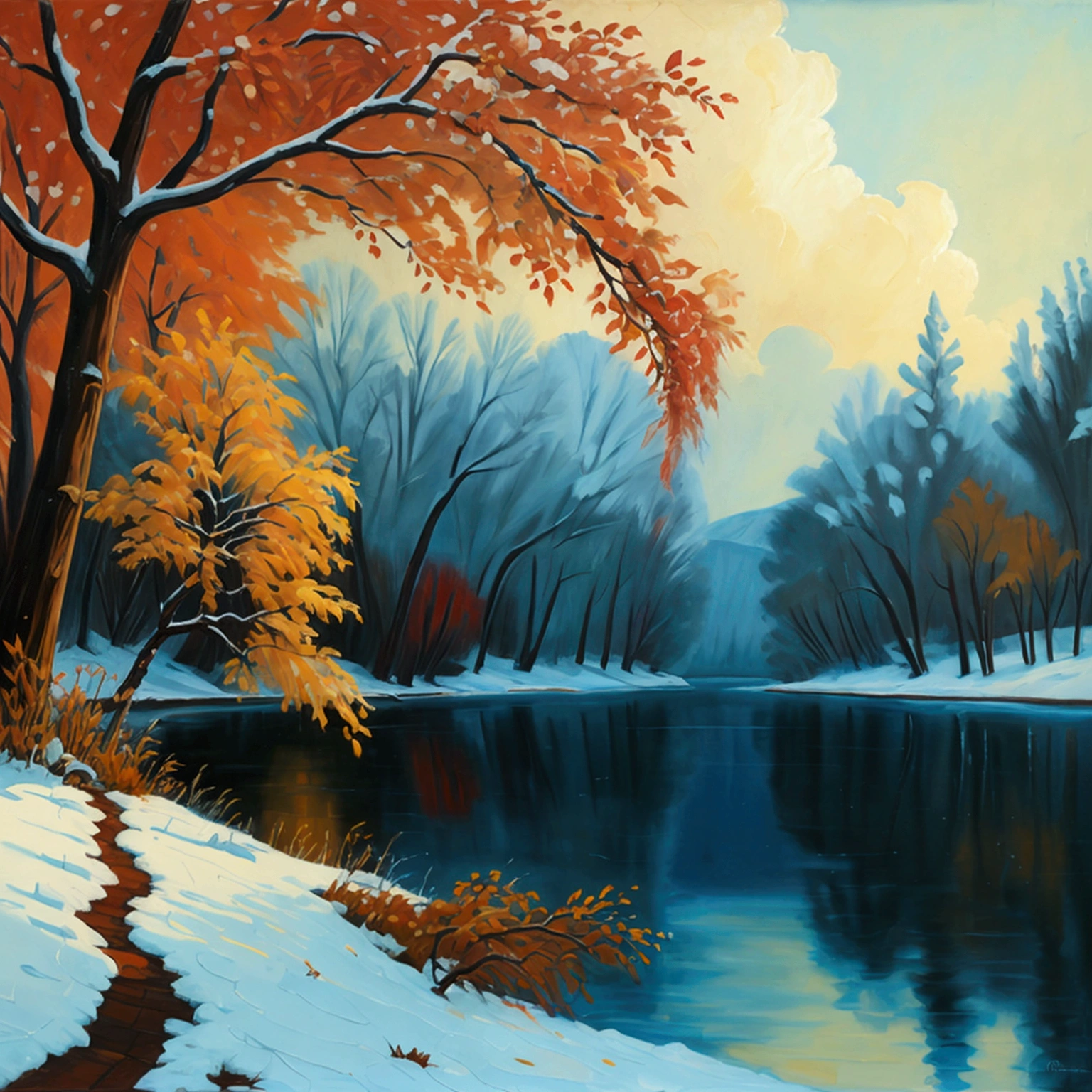 Winter Tree near lake, oil painting in style of Rufino Tamayo