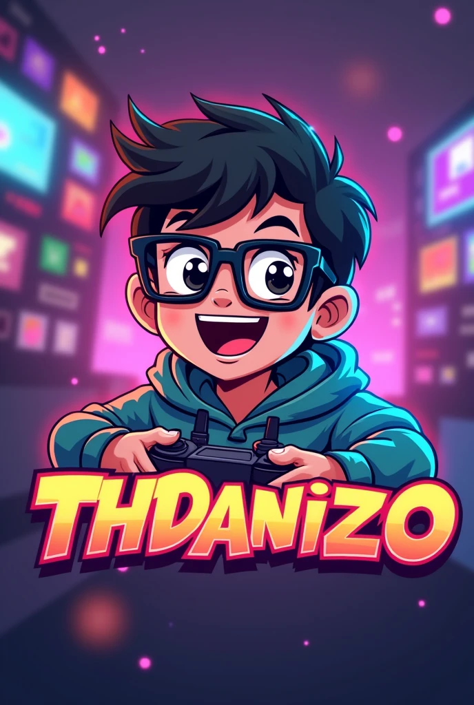 Make a logo mascot where the mascot is a gamer boy with square glasses and looks like he is playing with the letters THDANIIZO and wearing a sweatshirt