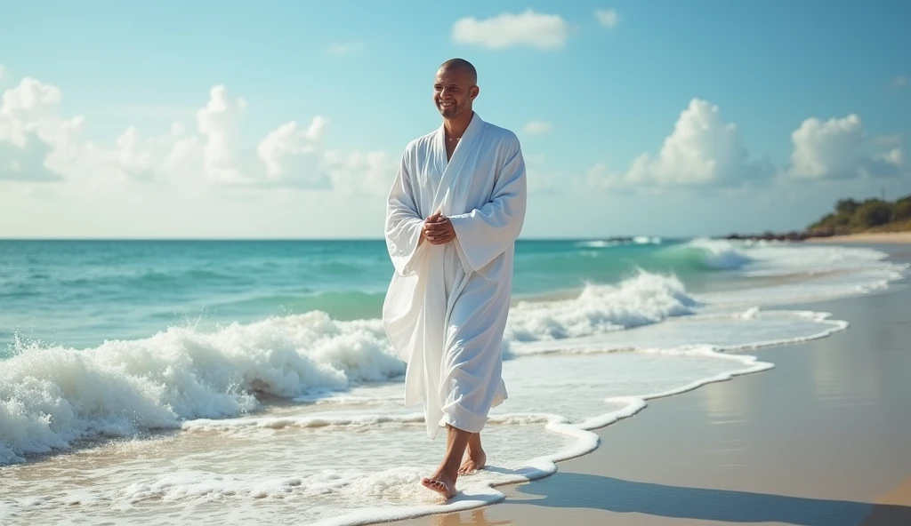buddha walking beach stars waves white robes