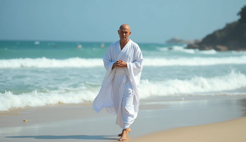 buddha walking beach stars waves white robes