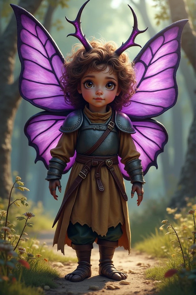 A five-year-old fairy with purple moth wings and compound eyes like insects, female moth antennae, sharp teeth with tongue like a moth, four arms with claws on the hands, one meter seventy tall, Brunetette, medium brown curly hair, in medieval peasant clothes in the art style of Weebcomic Suitor Armor scaring away the bandits 