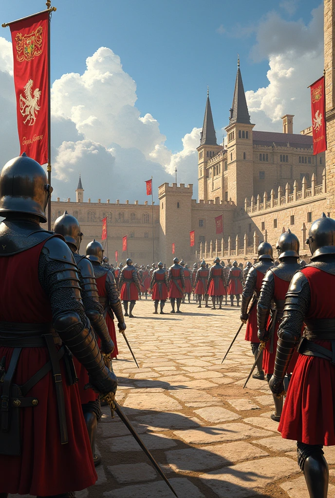 A military training ground, in Renaissance age period, where soldiers are training to be elite guards for the nobles