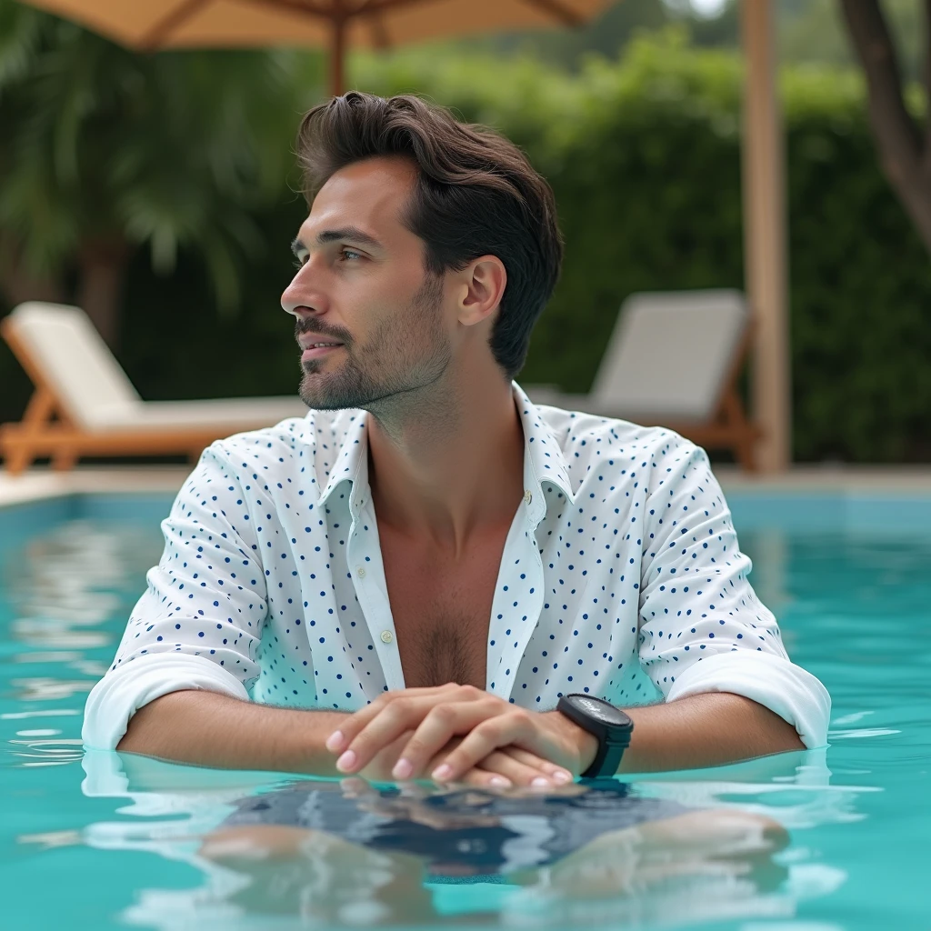 a 39-year-old white man, model type, with not too short black hair, clear eyes,, white shirt with a blue dot design, swim suit, sitting in a swimming pool in Alentejo