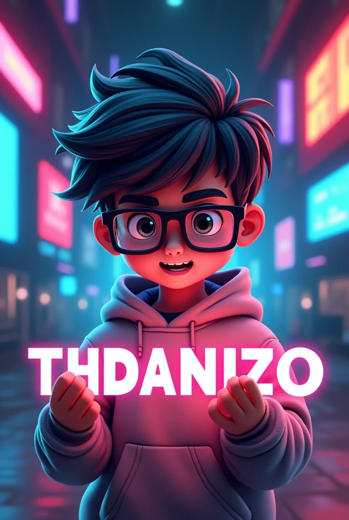 Make a logo mascot where the mascot is a gamer boy with square glasses and looks like he is playing with the letters THDANIIZO and wearing a sweatshirt