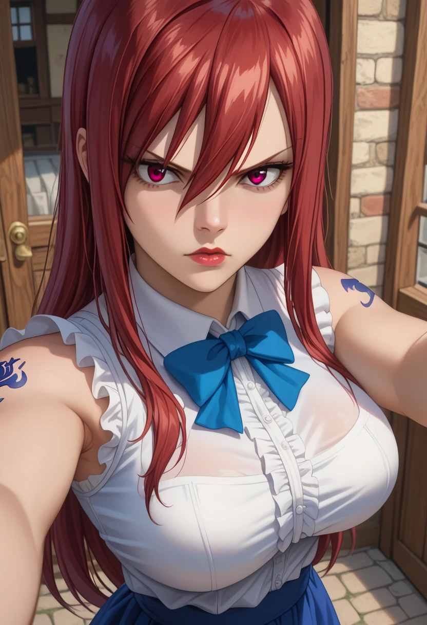 score_9, score_8_up, score_7_up, 1girl, solo, erza scarlet, long hair, red hair, hair between eyes, brown eyes, skirt, shirt, bow, boots, sleeveless, sleeveless shirt, tattoo, white shirt, frills, serious face, standing, looking at you, medieval village, Erza Scarlet face, Big breasts, voluptuous breasts, focused breasts, selfie, Point of view from above, Selfie, erzascarlet, leotard, high_res, high tension, stretched fabric, wedge, very_detailed, chocker, masterpiece, best quality, absurdres, highres, 4k, ray tracing, intricate details, highly detailed, nsfw, big breasts, ultra sexy, brown pantyhose, detailed clothing, detailed textures, tattoo, red lipstick, glossy lips, black chocker, middle seam,