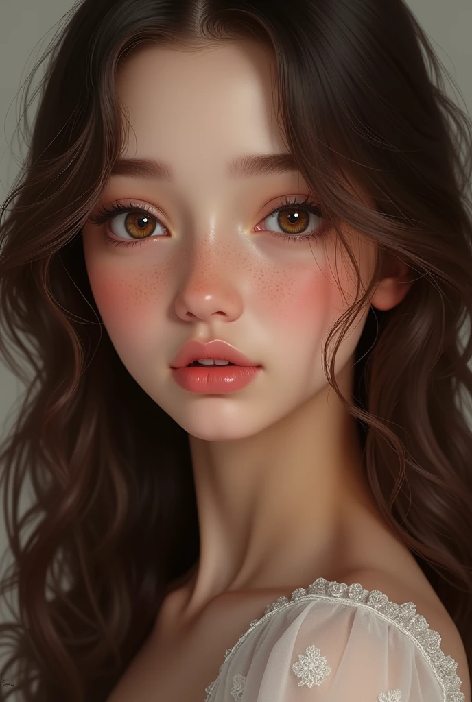 Beautiful girl with brown wavy long hair, young adult, pouty pink lips, big brown doe eyes, , innocent looking, freckles