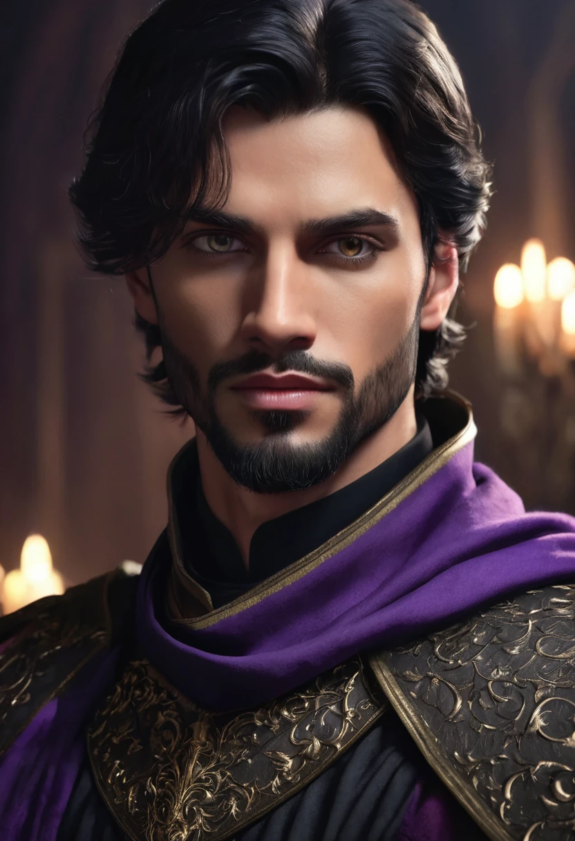 1 man, handsome prince, background is a dark room, wearing a simple black medieval male outfit, detailed facial features, male purple eyes, detailed dark tan skin, short black hair, dramatic lighting, cinematic composition, moody light palette, dark colors, atmospheric haze, square jaw, soft face, strong handsome man, adult man, ultra realistic, profile picture, adult man (best quality, 4K, 8K, high resolution, art: 1.2), ultra detailed (realistic, photorealistic, photorealistic: 1.37)