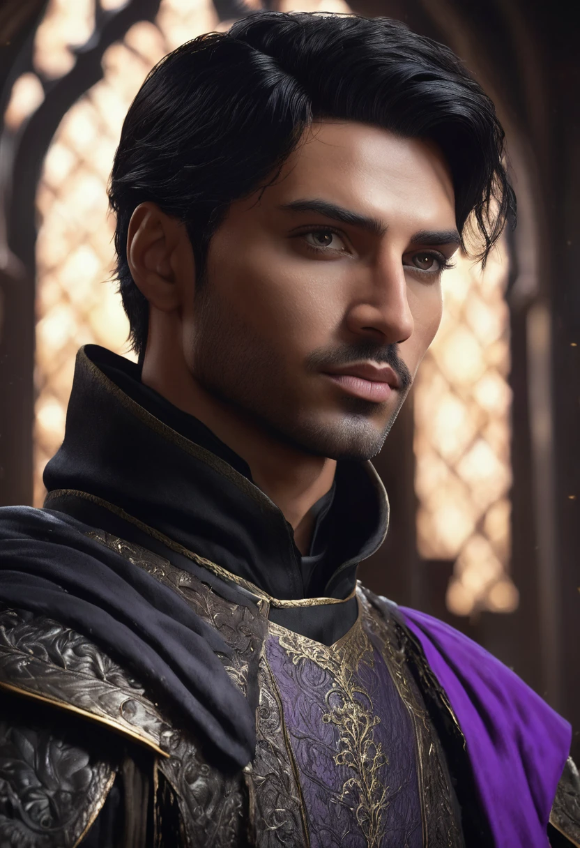 1 man, handsome prince, background is a dark room, wearing a simple black medieval male outfit, detailed facial features, male purple eyes, detailed dark tan skin, short black hair, dramatic lighting, cinematic composition, moody light palette, dark colors, atmospheric haze, square jaw, soft face, strong handsome man, adult man, ultra realistic, profile picture, adult man (best quality, 4K, 8K, high resolution, art: 1.2), ultra detailed (realistic, photorealistic, photorealistic: 1.37)