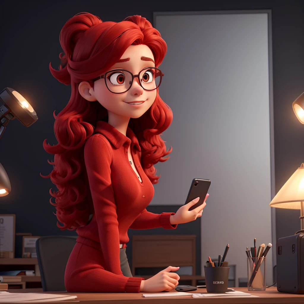 red hair woman, mobile phone, red clothes, Black background,
cameras, fans, located side, desk, Thinking, interest, glasses,
PANTS, makeup, Mirrors. located on one side