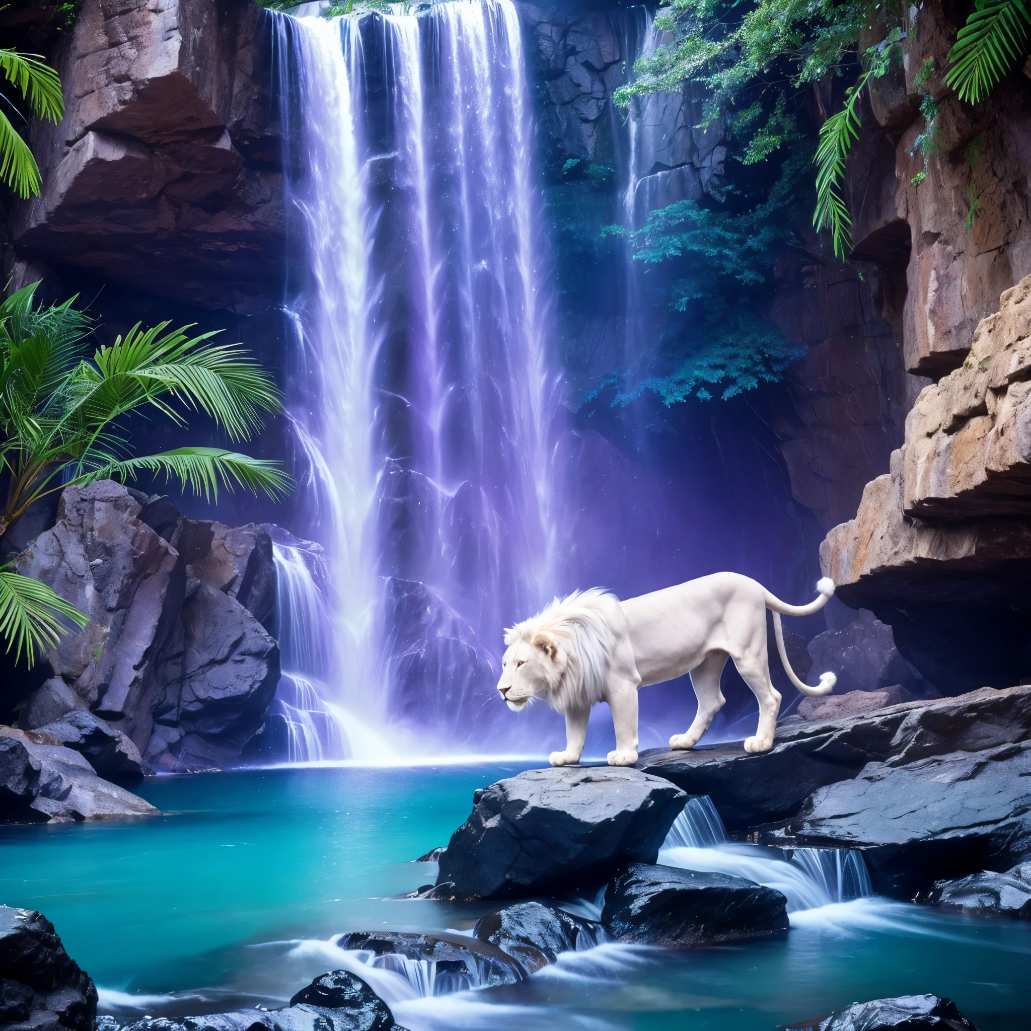 Majestic white lion with shimmery purple sparkles of star dust with a Sirius blue star in the background with chakra colored tropical life and a waterfall