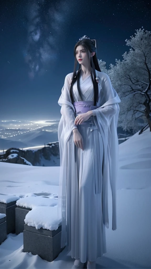 Under the starry moonlight in the night sky，A girl in ancient costume stands alone on the top of a snowy mountain，It's like a beautiful picture。

She wears a pink-purple Hanfu，A white Ayara brocade is tied around his waist，Her long black hair fell like a waterfall on her shoulders。Her facial features are delicate，Your eyes are like stars，Dazzling。Her lips were as rosy as cherries，Slightly upturned，It exudes a light and elegant temperament。

In the moonlight，Her skin was as white as snow，Like a fairy descending to earth。She stands on the top of a snowy mountain，The night breeze blows，The hem of her skirt swayed in the wind，It's like a blue wave。Her eyes were deep and distan as if looking up at the stars，Looking for the star that belonged to her。

this moment，She seems to be at one with the surrounding landscape，It became the most beautiful scenery under the stars at night。Her beautiful face，And that arrogant temperament，People can't help but fall in love with it。She was so beautiful，So fascinating，Irresistible。

She is the girl in ancient costume，The one that stands on the top of a snowy mountain，A stunning look under the stars under the night sky。