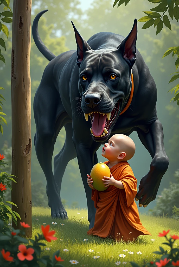 A realistic image of a black Great Dane attempting to bite a baby dressed in monk robes in a garden. The baby has a mango nearby, possibly in their hand or at their feet. The Great Dane should be shown with its mouth open, trying to reach the baby, while the baby appears scared or defensive. The garden should include a goalpost in the background, with detailed and realistic art capturing the tense moment between the two."