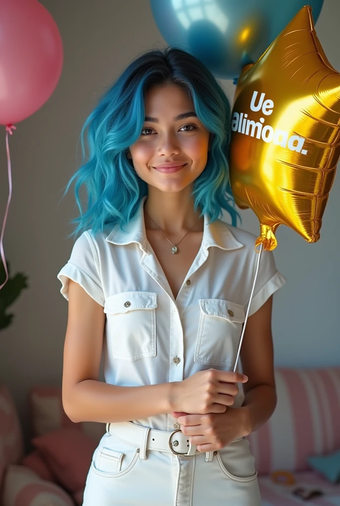 Latina 15 years old blue hair robust white clothes with collar at home holding a happy birthday balloon with letters in Spanish the image of the balloon as a goal photographic image