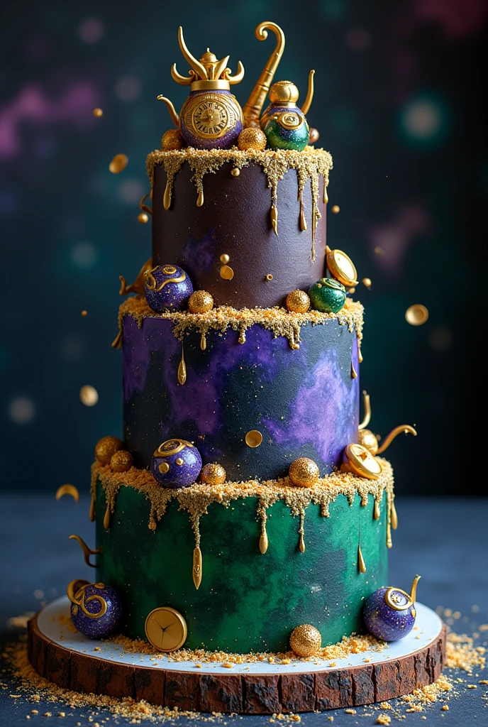 An impressive multiverse cake inspired by the Loki series. The cake consists of three layers, each representing different timelines in the multiverse. The first layer is dark chocolate, symbolizing the darkness and mystery of the multiverse. The second layer is a vibrant purple, representing the chaotic energy of the variants. The third layer is green, evoking the iconic color of Loki and Asgardian magic. The cake is covered with a smooth and shiny cream cheese frosting, decorated with golden chocolate shavings that sparkle like fragments of alternate realities. On top, details like golden clocks and small elements representing Loki (scepters, horned helmets) add the final touch. The background should have a cosmic atmosphere, with nebulas and stars, suggesting the infinity of the multiverse. ahora hazme una imagen ebn la cual el mismo pastel este a medio procedimienton de la finalizacion del pastel


