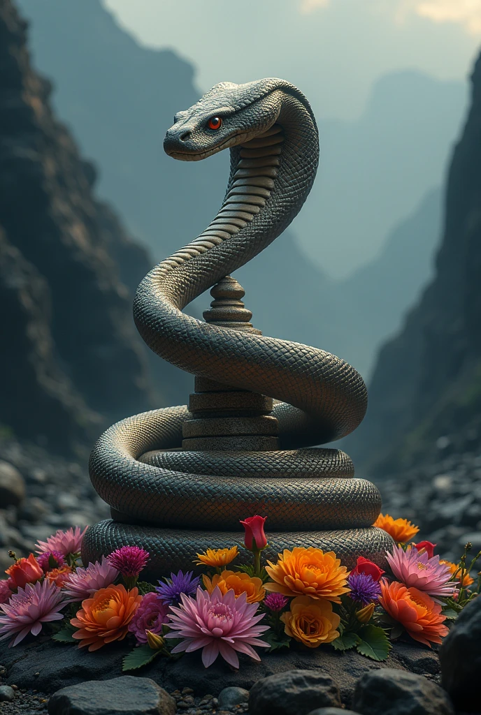 A king cobra on the shivas lingam with flowers and the background is dark in mountains