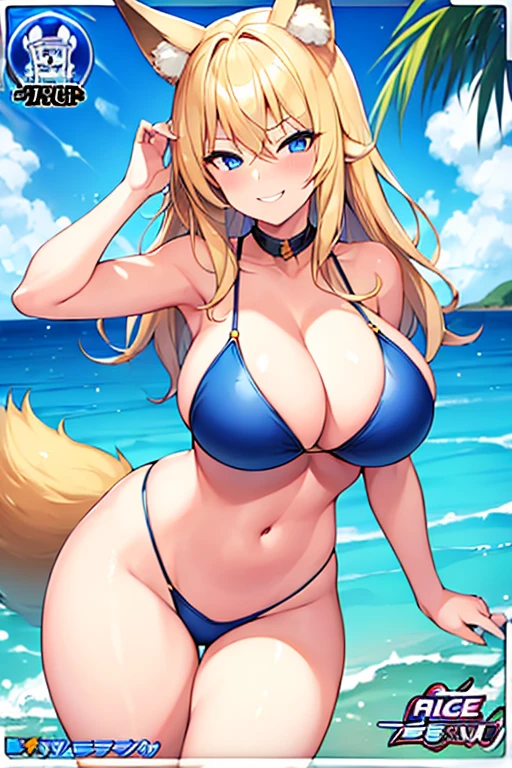 1girl, blonde hairz large breasts, thick thighs, hourglass figure, toned, blue eyes, fox ears, fox tail, police, policewoman, police woman, cop, smile, smirk, smug, mature female, bikini, blue bikini, highleg, beach, text, number, card \(medium\),