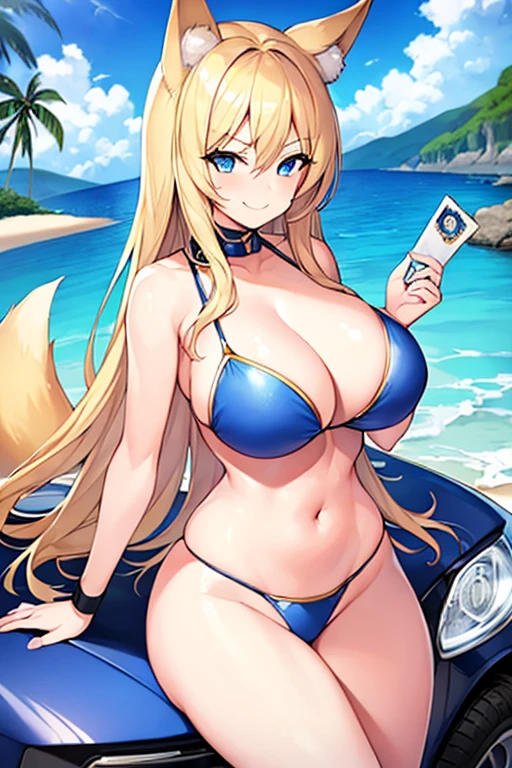 1girl, blonde hairz large breasts, thick thighs, hourglass figure, toned, blue eyes, fox ears, fox tail, police, policewoman, police woman, cop, smile, smirk, smug, mature female, bikini, blue bikini, highleg, beach, text, number, card \(medium\),