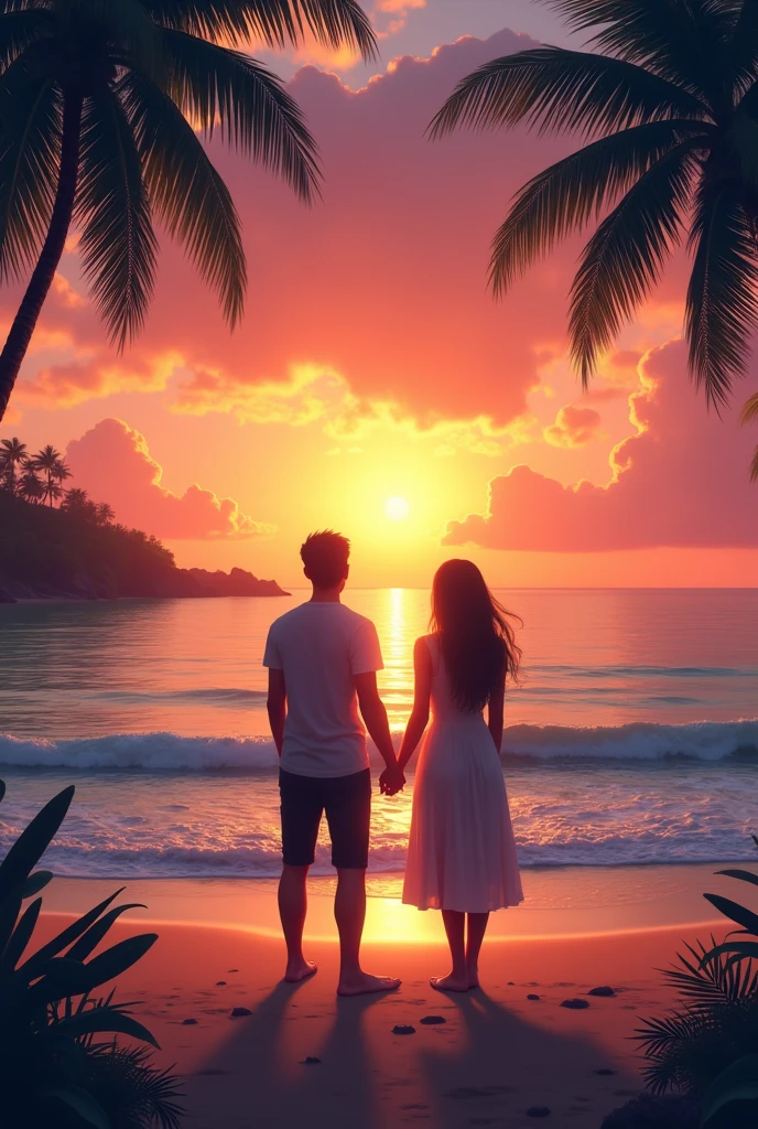 a couple watching the beach at sunset