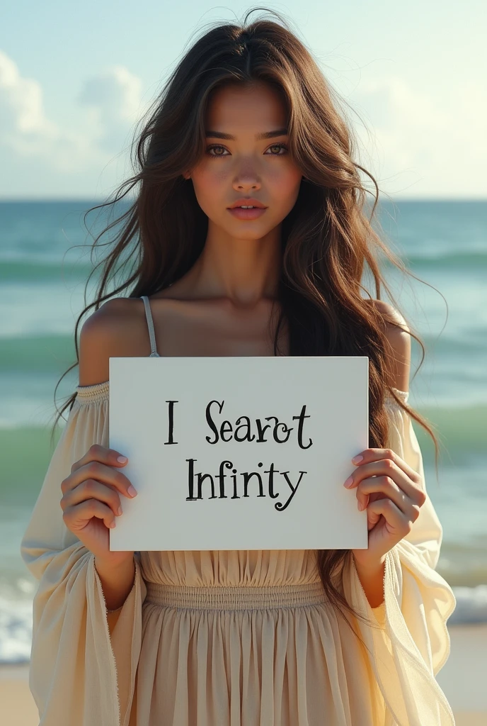 Beautiful girl with wavy long hair, bohemian dress, holding a white board with text "I Love Seaart Infinity" and showing it to the viewer