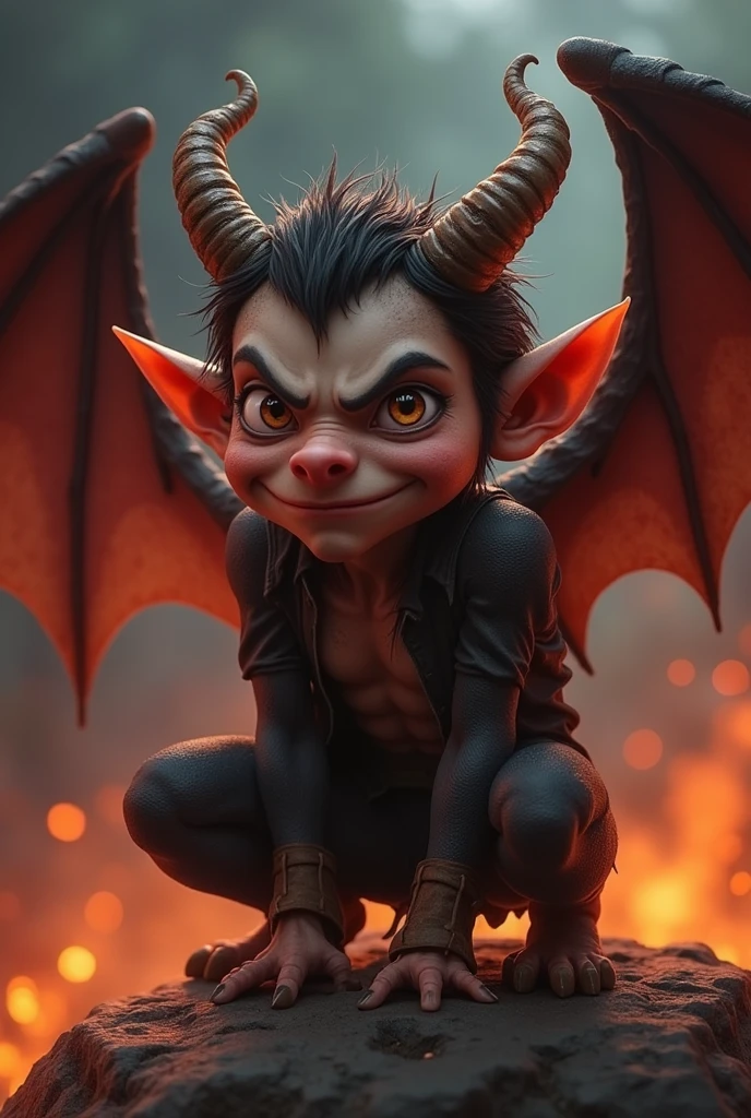 humanoid male character, young, imp, krampus, Anger, Pig's nose, Hairy skin, smile on your face, cunning, cowardly, weak, charming, thin, Against the backdrop of hell, twilight, fire, magma, Calm posture, masterpiece, high detail, penumbra, rest, wings, hooves