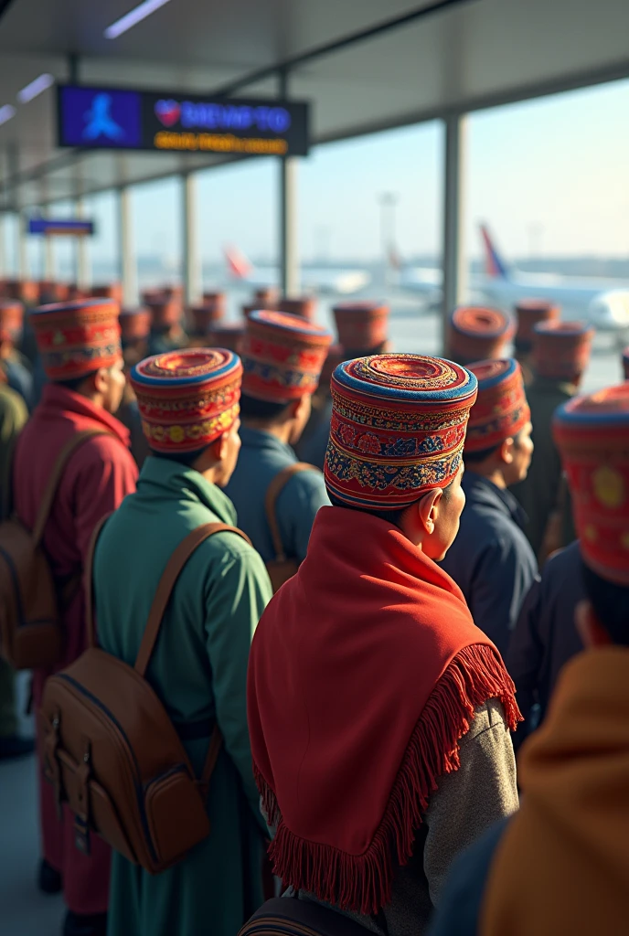 Nepali people wearing Nepali dhaka topi and sitting in queue to board a plane at airport