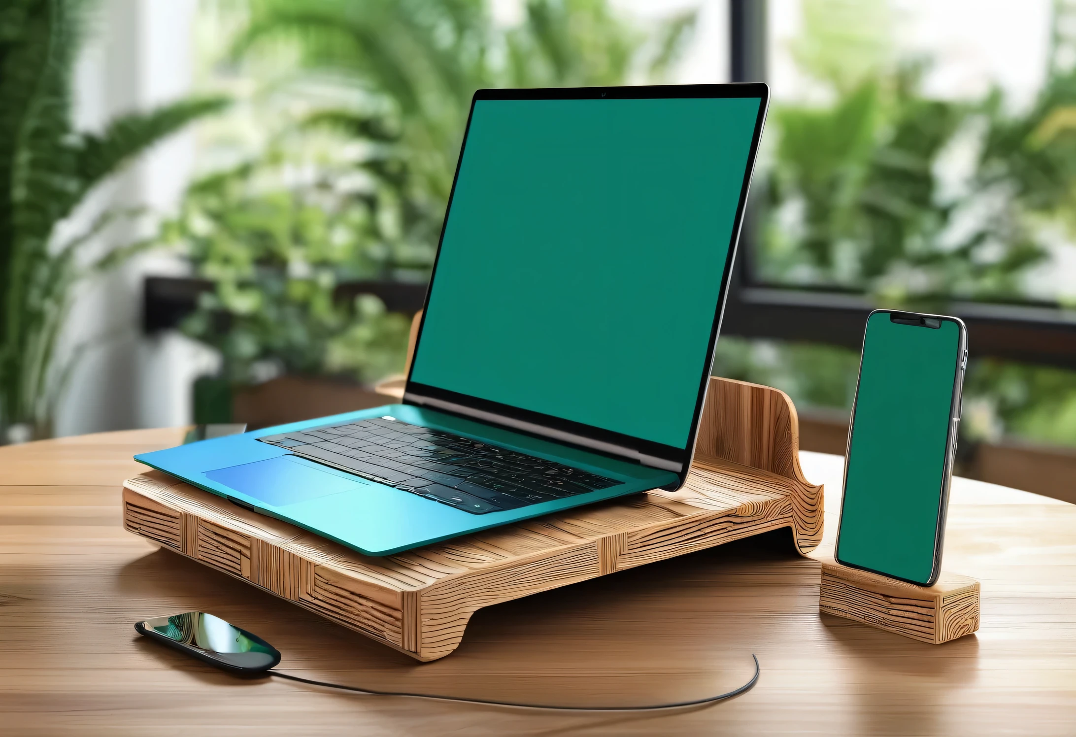 close upopen laptop and mobile phone on wooden stand photorealistic elegance, green and blue color palette, intricate patterns