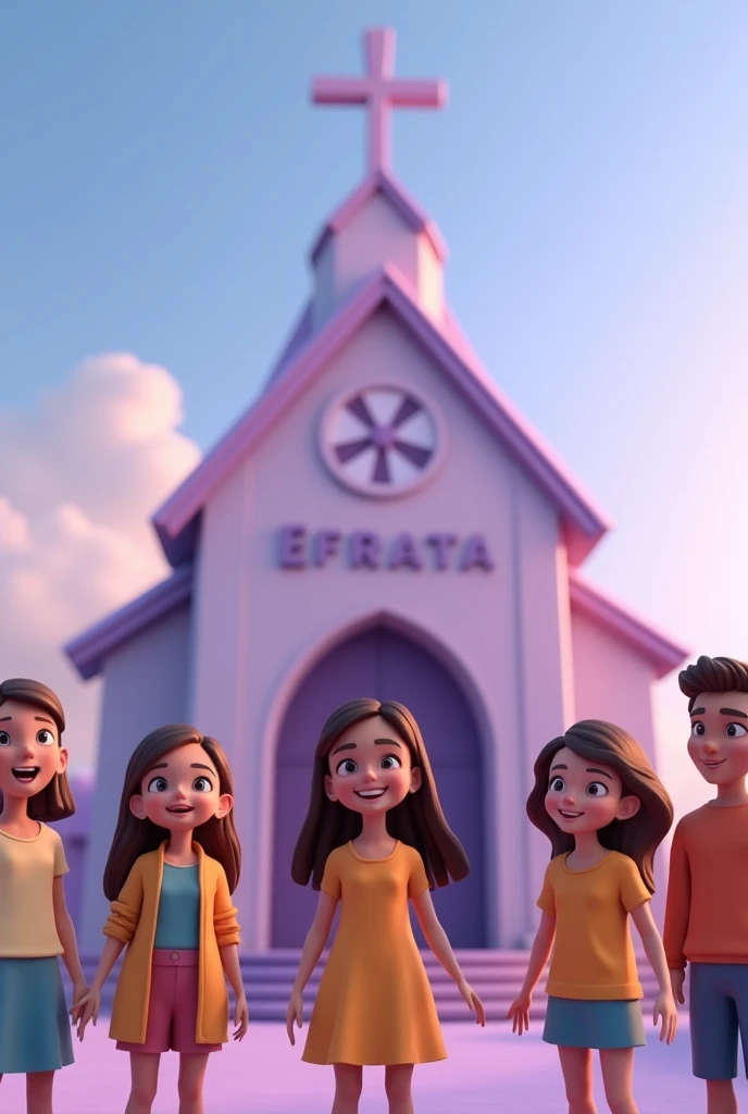 make a 3D animation about several young Christians standing with joyfull expressions, in front of a pastel purple church building with plung "EFRATA" , with an empty center.