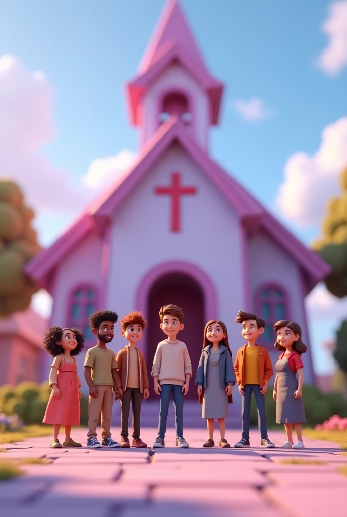 make a 3D animation about several young Christians standing with joyfull expressions, in front of a pastel purple church building with plung "EFRATA" , with an empty center.