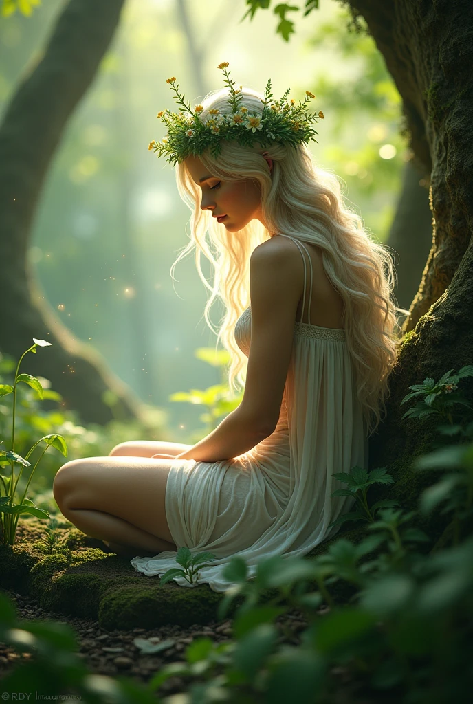 A nymph in the forest sitting with a plant crown
