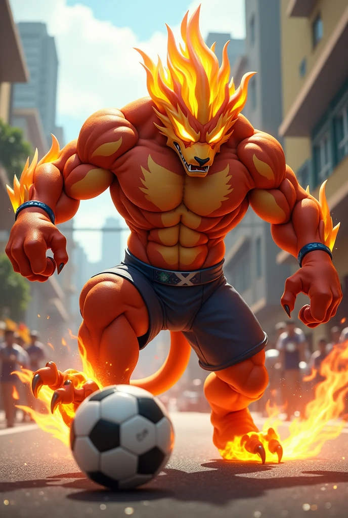 a Brazilian Pokémon with the following characteristics:muay thai master, football player and fire type
