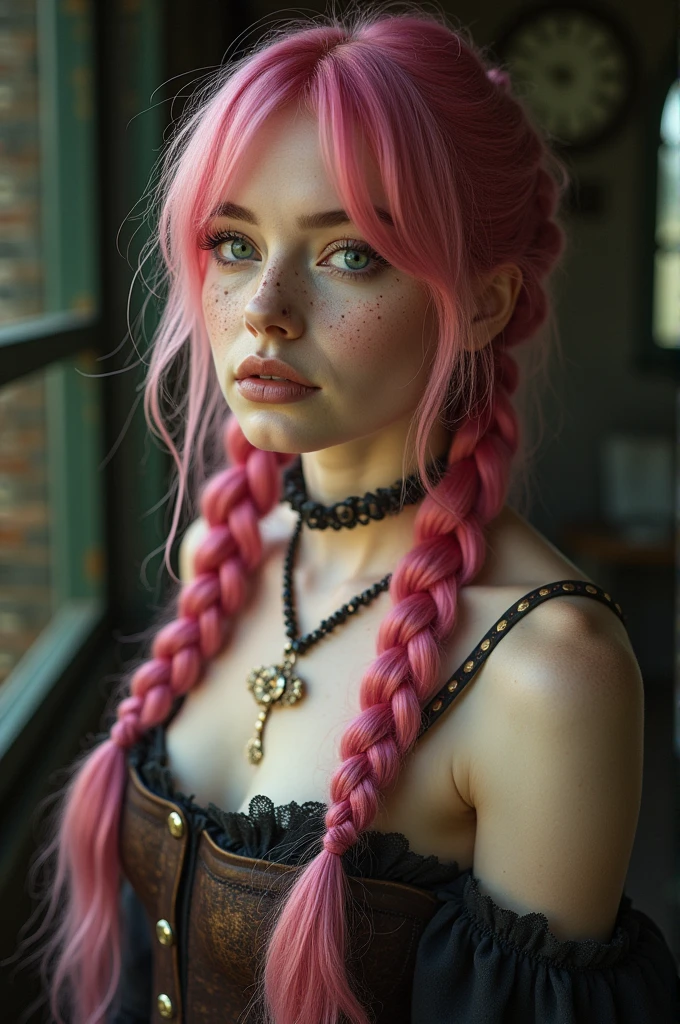 (Realisttic:1.2), analog photo style, Beautiful young woman, posing, with freckles and long pink hair braided, (steampunk dark fantasy atmosphere), soft natural light, cute and sexy, great quality, Masterpiece, detailed strange background, better performance, 16k quality, RAW photo