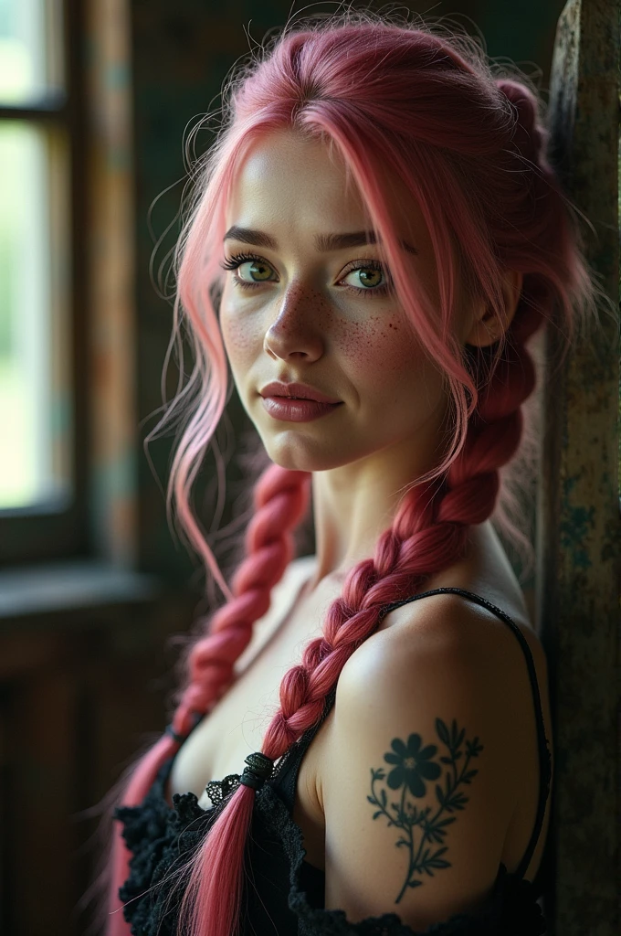 (Realisttic:1.2), analog photo style, Beautiful young woman, posing, with freckles and long pink hair braided, (steampunk dark fantasy atmosphere), soft natural light, cute and sexy, great quality, Masterpiece, detailed strange background, better performance, 16k quality, RAW photo