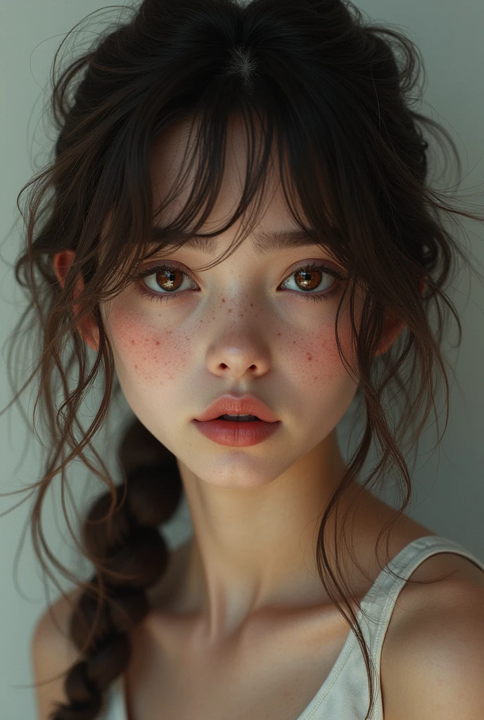 Beautiful girl with messy brown wavy long hair with side bangs, young adult, pouty pink lips, big brown doe eyes, , innocent looking, freckles, emotionless