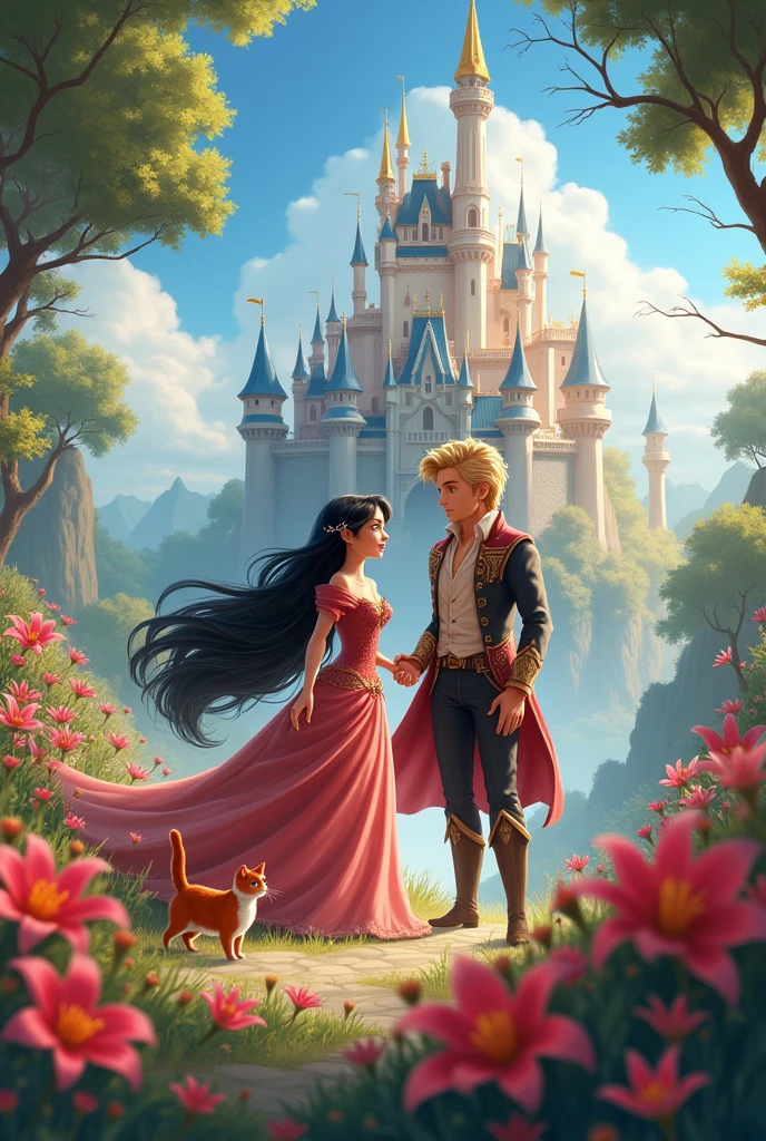 The Land of Lilies where there is a beautiful big castle where Princess Lily lives with black hair and black eyes next to a red cat with a white belly. Standing nearby is a handsome tall blond prince who looks at Lily with a loving gaze