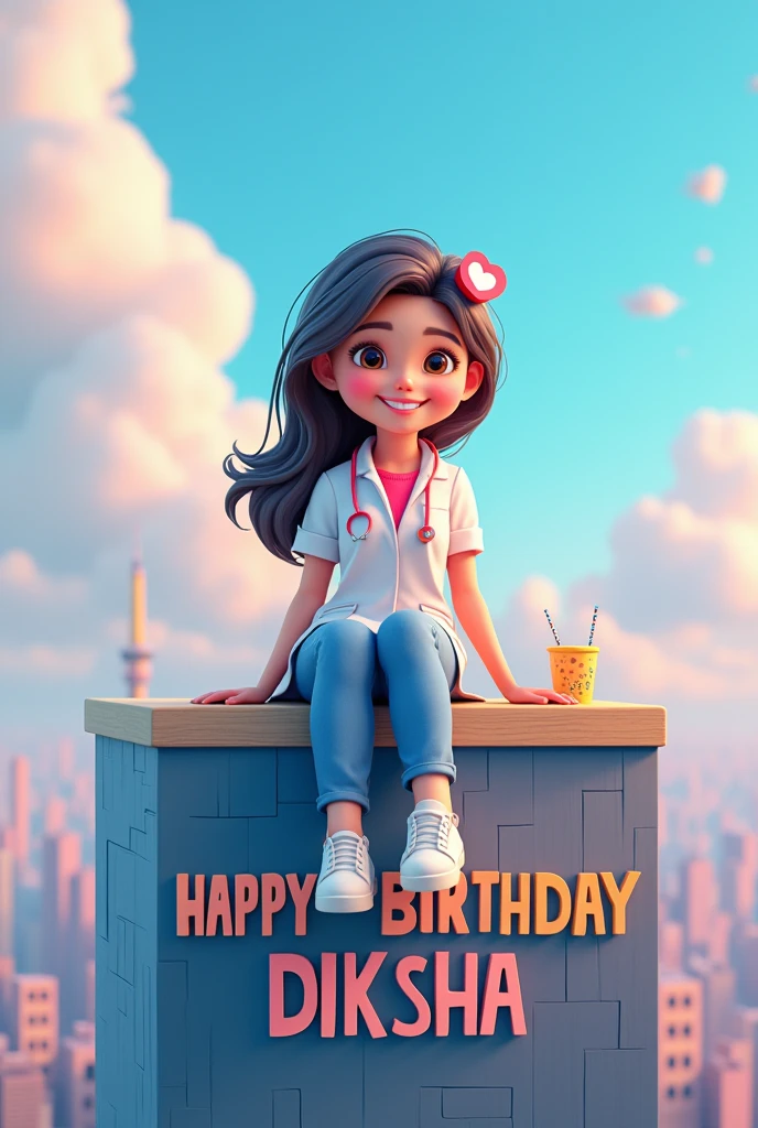 3D illustration of a dentist girl sitting on top of the building . The character must wear appron and casual moder clothing such as frok and jeans pant. The background of the image is a skyscraper. Write 'HAPPY BIRTHDAY DIKSHA'. Make sure the text is not misspelled. Today is her 20th birthday. She is little chubby