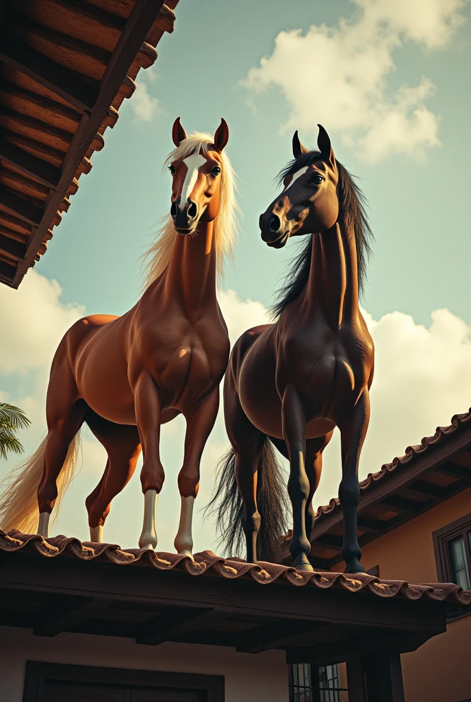 make me two horses (one light brown and one dark brown) on top of a roof, that the photo be at an angle taken from the ground pointing towards the ceiling where the horses are