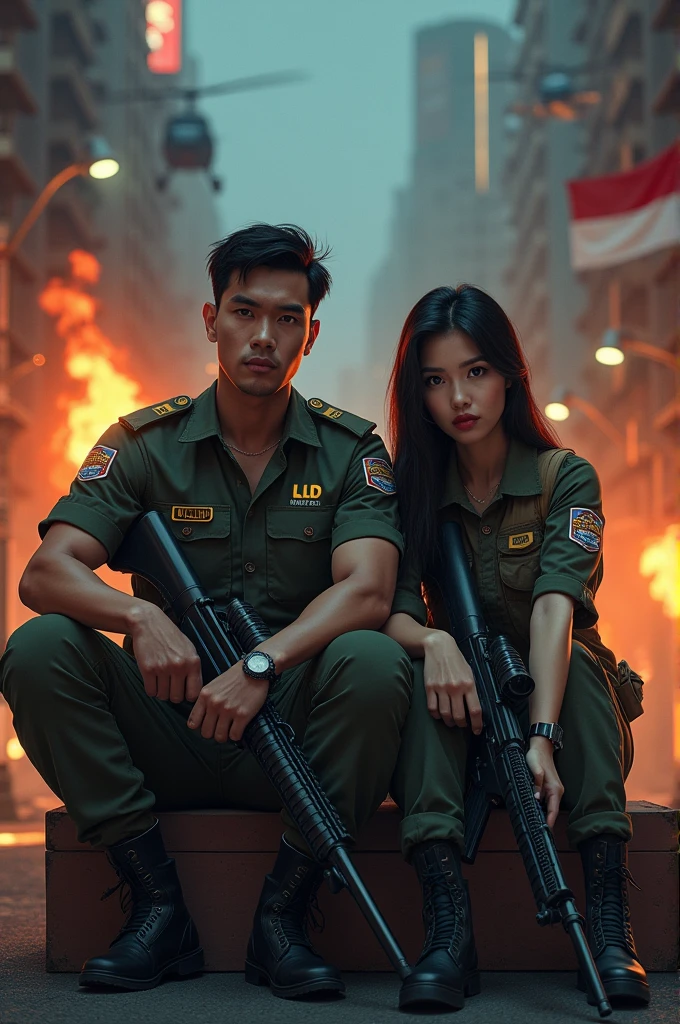 (POV). coupel,a handsome man wearing army clothes (Indonesian) bearing the text "LD" small logo, muscle body, and The beautiful and cute girls from Indonesian, beautiful round face, badass lady with black (hairstyle), (accessoris), dressing in military vest, While sitting squatting in the middle of the road,faintly facing forward,by the night city,there's fire, there's helicopters, with sniper-gun next her And the Indonesian flag is flying