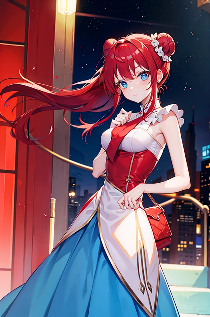 woman chic bun evening dress red hair blue eyes