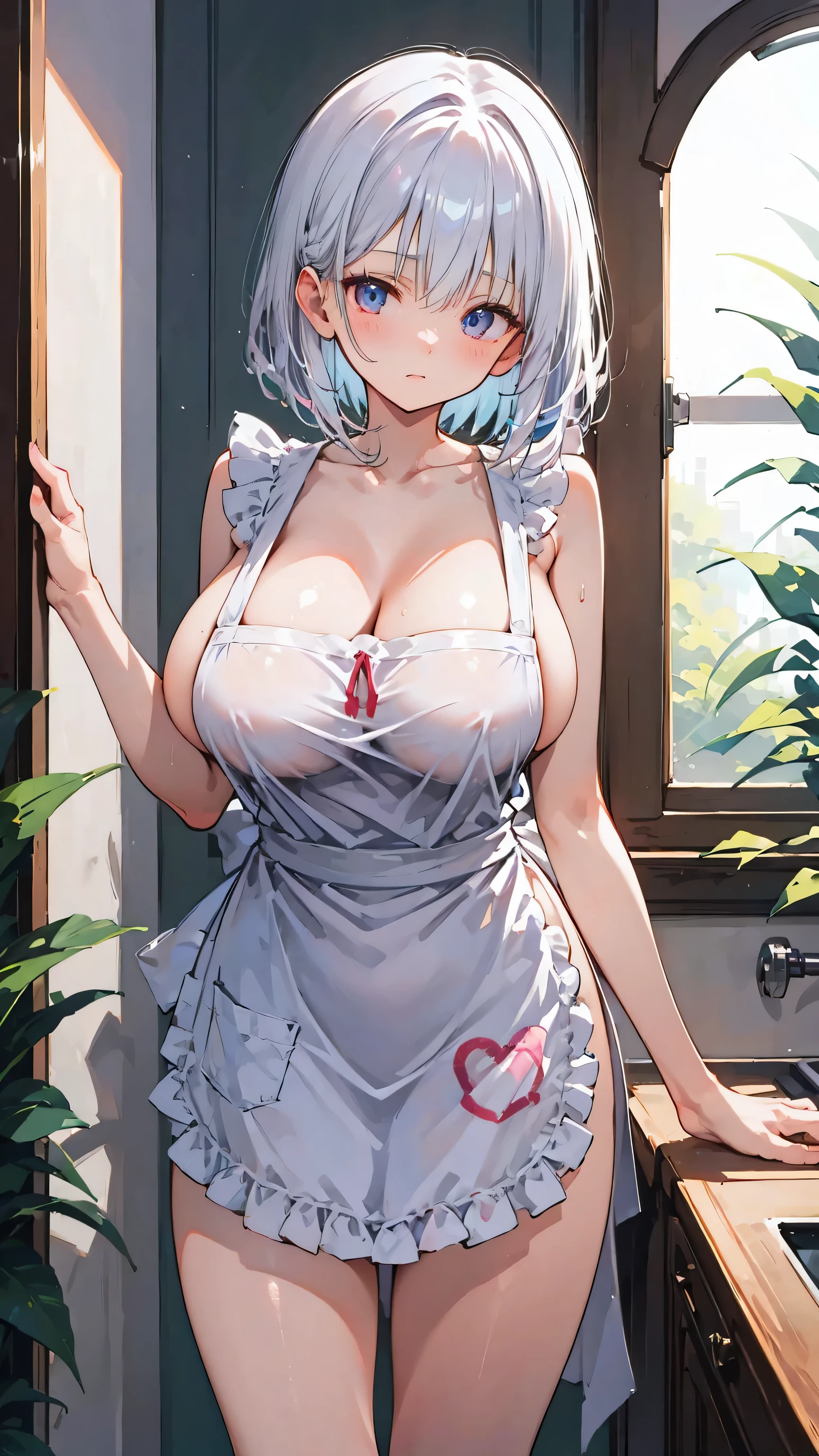Ultra-high resolution, 8k,high quality,(Young Girl、glowing、iridescent light,soft shadow,dynamic angle,Anime Painting,((Naked Apron)),thin line drawing),One Little Woman,(((slim figure,slender figure,super thin lines,))),(((Huge breasts,Shapely round breasts,pert breasts))),